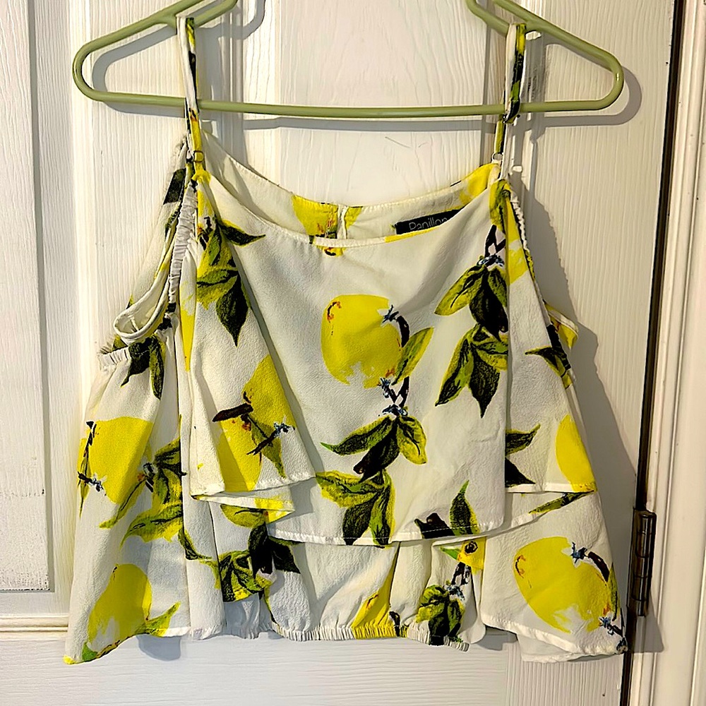 Papillon-Ruffle Open Shoulder Top. Tag says large.
